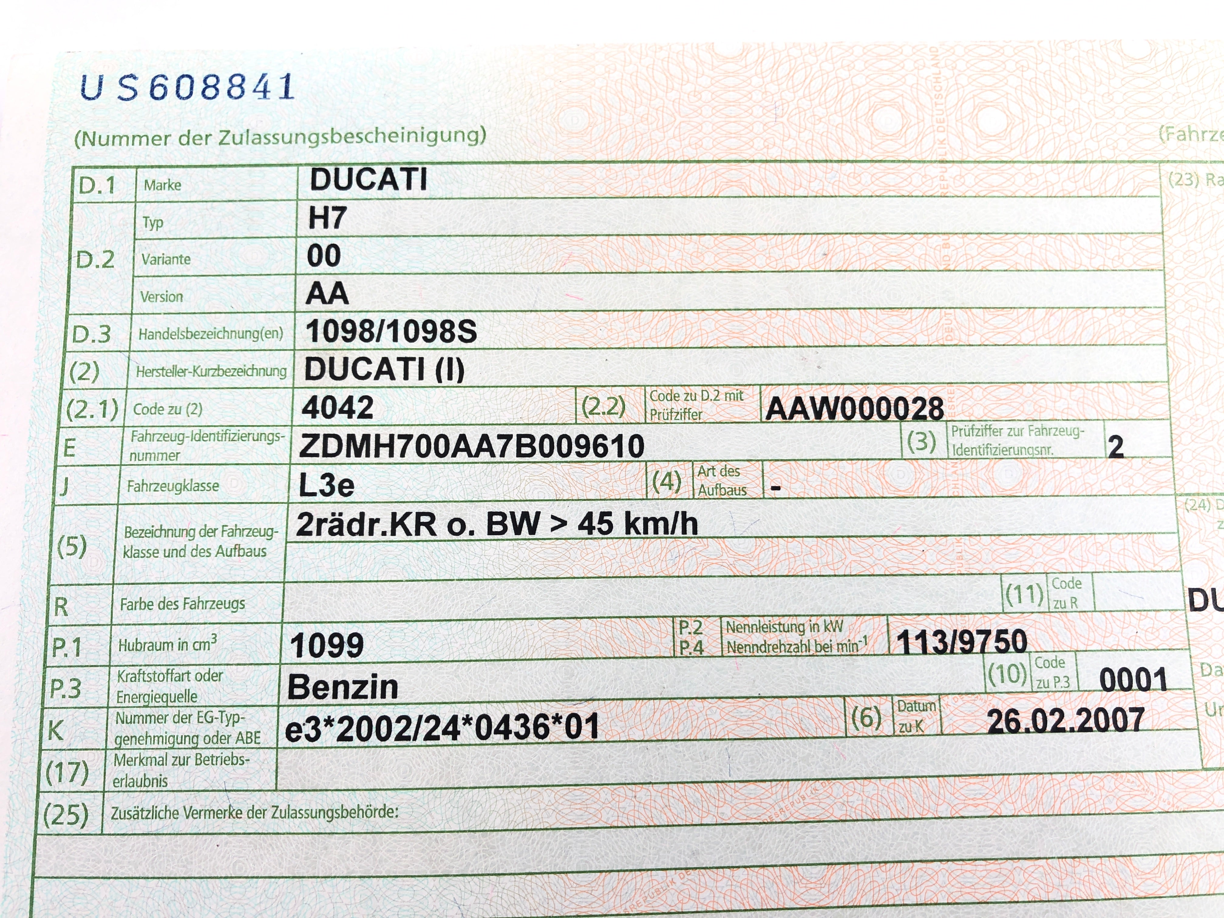 Ducati 1098 S H7 [2007] - Frame with vehicle registration document