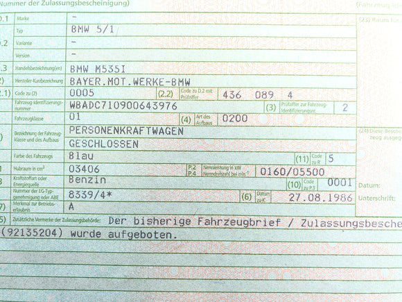BMW M 535I E28 [1986] - Radhaus z liczbą podwozia i korpusem papierów