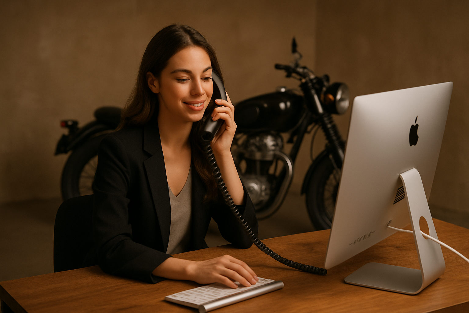 Die Frau soll nicht so nah herangezoomt sein. Sie Woll von weiter weg zu sehen sein. An einem Schreibtisch sitzend. Vor Ihr ein iMac auf dem Tisch und im Hintergrund ein altes Motorrad