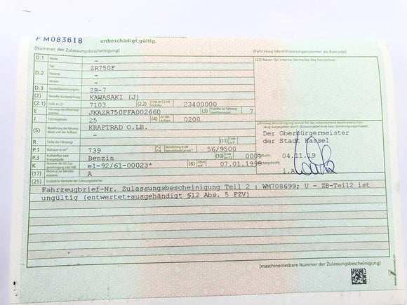 Kawasaki ZR7 ZR750F [1999] - Ramme med papirer