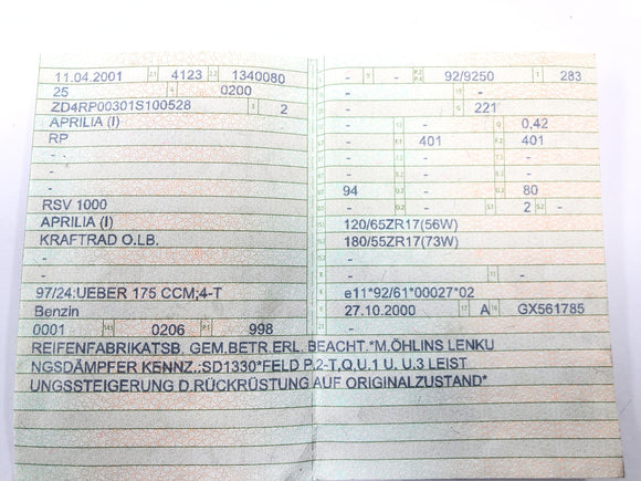 Aprilia RSV 1000 RP Mille [2001] - frame met papieren