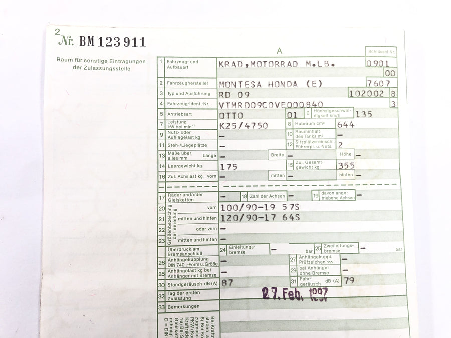 Honda SLR 650 RD09 [1997] - рама с бумагами