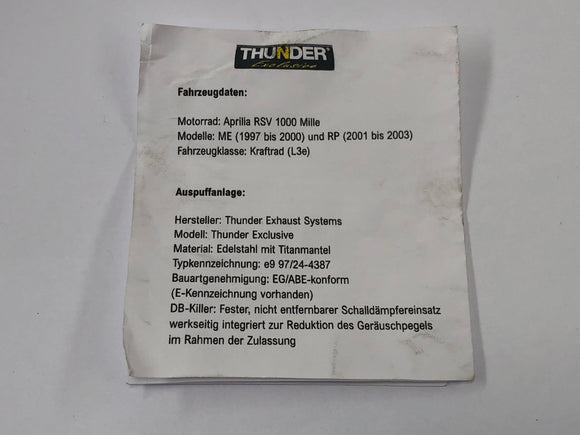 Aprilia RSV 1000 RP Mille [2001] - Eksoslyddemper Thunder Eksklusivt rustfritt stål med ABE