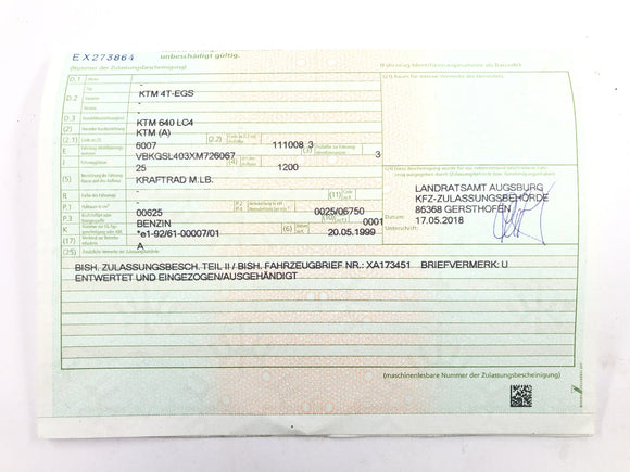 KTM 640 LC4 EGS [1999] - Rahmen Hauptrahmen mit Fahrzeugbrief