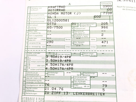 Rám Honda GL 1000 Goldwing GL1 [1977] s papíry
